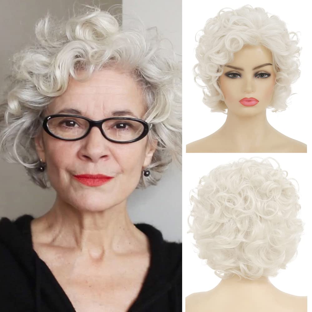 Baruisi Short Curly Cream White Wigs for Women Synthetic Natural Curly Layered Halloween Cosplay Wig