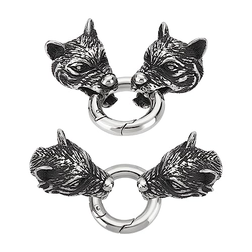 UNICRAFTALE 2 Sets Tibetan Style Stainless Steel Wolf Head End Caps with Spring Gate Rings Animal Bracelet Making Cord Ends O Rings Antique Silver Bracelet Clasps Connected for Jewelry Making