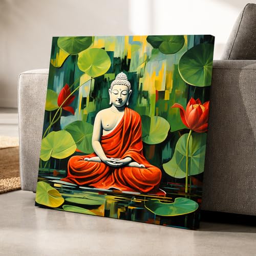 Image of PAINTINGMANTRA Buddha Painting for Living Room, Buddha Floral wall Art Painting for living room, Bedroom, office and Home, Canvas, 22x22 Inch