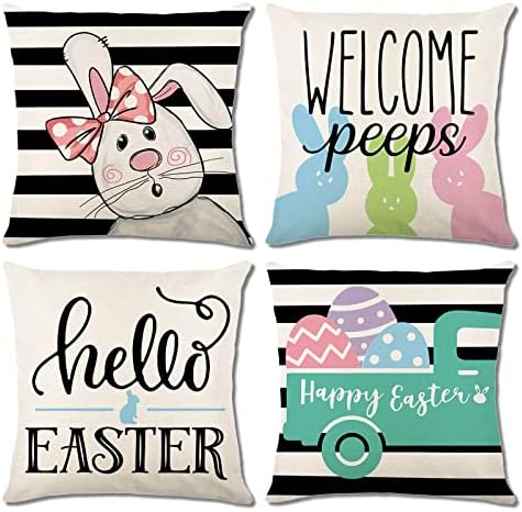 GAONINI Easter Pillow Covers 18x18 Set of 4, Easter Pillows Decorative Throw Pillows, Stripe Bunny Truck Eggs Welcome Peeps Hello Easter Pillow Cases Easter Decorations for The Home Couch