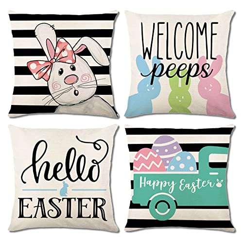 Gaonini Easter Pillow Covers 18X18 Set Of 4, Easter Pillows Decorative Throw Pillows, Stripe Bunny Truck Eggs Welcome Peeps Hello Easter Pillow Cases Easter Decorations For The Home Couch #TOP3