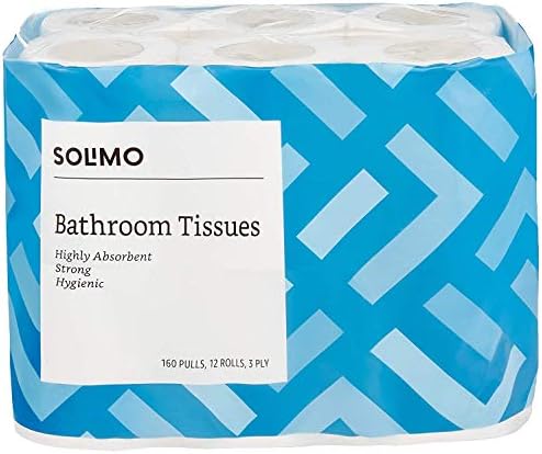 Amazon Brand - Solimo 3 Ply Toilet Paper Roll | 1920 Pulls | 160 Pulls X 12 Rolls | Soft And Highly Absorbent | 100% Natural Virgin Cellulose Fiber