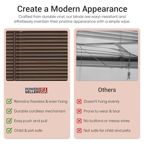 PowerSellerUSA 1\" Vinyl Slats Room Darkening Cordless Window Blinds, 64L x 23W Inches Manual Operation Mode Blackout Privacy Blind, Solid Pattern Ceiling-Outside Mount Pull-Up Mini Blinds, Mahogany - Thumbnail 5