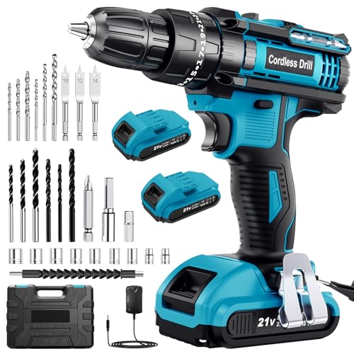 Image of LEEIKOO Cordless Drill Driver 21V, Cordless Hammer Combi Set with 2 Batteries 2000mAh, 42N.m Max Electric Battery Drill, 25+3 Torque, LED Light, 2 Speed, 30PCS for Home and Garden DIY Project