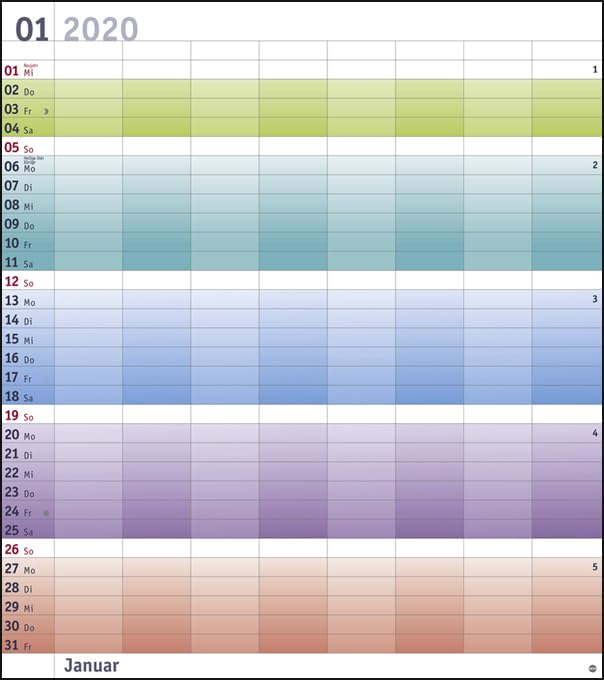Bunte Wochen Planer XXL. Wandkalender 2020. Monatskalendarium. Spiralbindung. Format 40 x 45 cm
