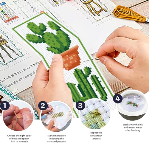Image of ACRNIGHEET 6PCS Cactus Cross Stitch Bookmark Kit for Beginner Stamped Cross Stitch Kits for Adults DIY Embroidery Bookmark Kits Crossstitch Kits Adult with Instructions Hand Craft Gift 11CT