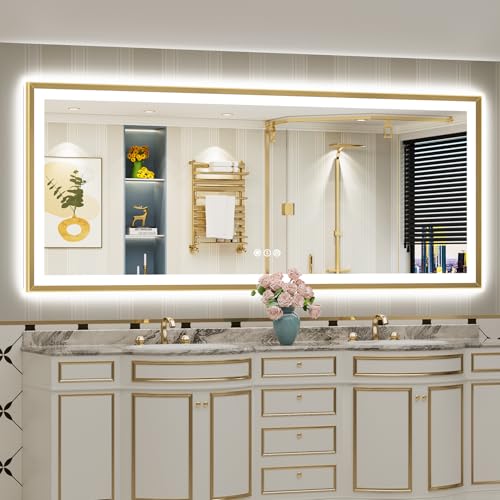 Image of 88x38 Gold Beveled LED Bathroom Mirror Backlit & Front Lit Anti-Fog | Brushed Gold Framed, Anti-Fog Lighted Vanity Mirror, Dimmable, 3-Color Light, Memory, CRI95, HD Tempered Glass, UL Listed