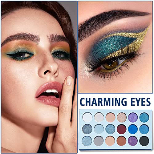 Blue Glitter Eyeshadow Palette, 18 Color Matte Shimmer Eyeshadow Palette Highly Pigmented For Christmas Halloween Smoky Makeup Daily Natural Eye Makeup Girls Women Blue Eye Shadow Makeup Palette #TOP1