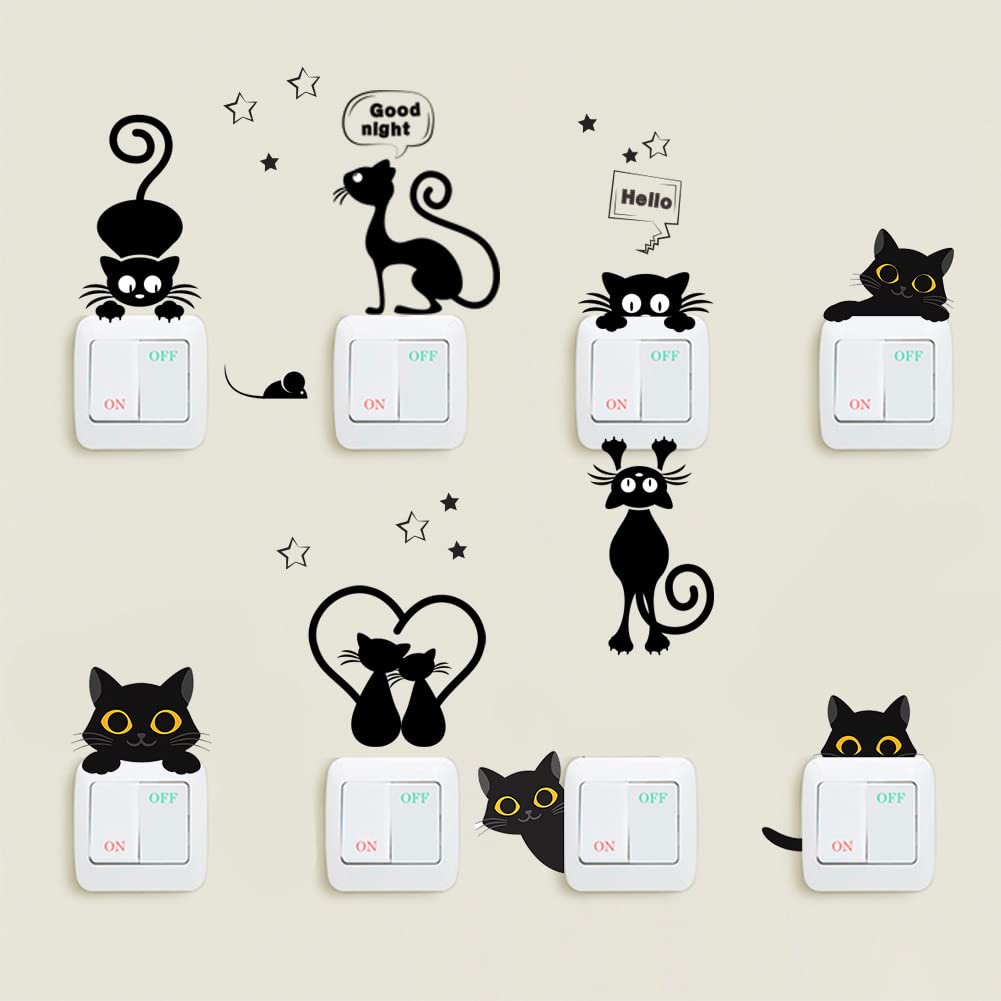 Stickers Interrupteur, Cat Light Switch Stickers Funny Animal Stickers Muraux pour Chambre Salon Noir 16Pcs