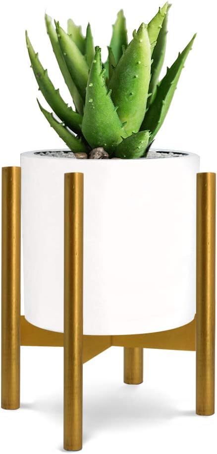 Honest Mid Century Modern Wood Indoor Plant Stand, (Plant and Pot NOT Included) Rustic Wood Flower Pot Holder (Fits Pots:8"-10", Gold)