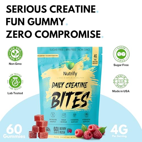 Image of Nutrify Daily Creatine Gummies for Women and Men - 4g Creatine Monohydrate per Serving for Muscle Growth & Recovery - Sugar-Free, Low-Calorie, with Vitamin B12 for Energy Boost (Blue Raspberry)