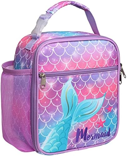 Bagseri Kids Lunch Box, Insulated Lunch Box Bag for Girls, Portable Reusable Toddler Lunch Cooler Bag for School, Water-resistant Lining（Pink Purple & Mermaid Tail）