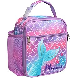Bagseri Kids Lunch Box for Girls - Insulated Kids Lunch Bag for School | Easy Carry Handle, Leak Proof, Water Bottle Holder, Roomy Toddler Lunch Box for Snacks, Drinks, Picnics, Trip, Purple Mermaid