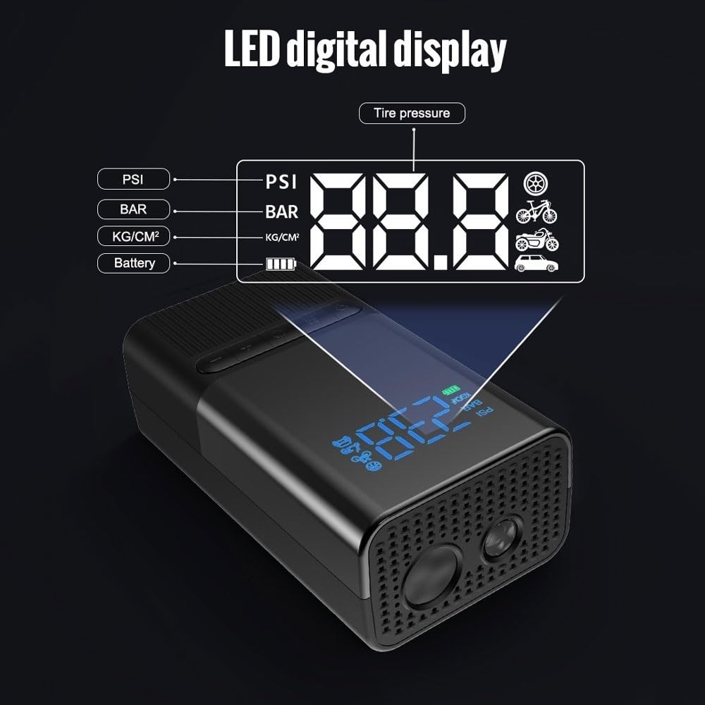 Gonfiatore per pneumatici, portatile, senza fili, con luce LED, 150 psi, pompa per pneumatici intelligente, per bici, moto, auto