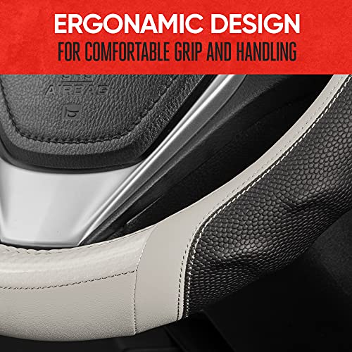 Image of Motor Trend UltraSport White Carbon Fiber Steering Wheel Cover, Standard 15 inch Size, Black Faux Leather Comfort Grip, Car Steering Wheel Cover for Auto Truck Van SUV