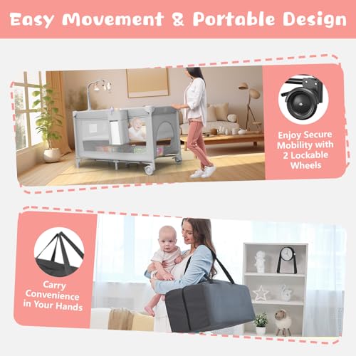 Image of 4 in 1 Pack and Play with Changing Table Diaper Organizer & Mattress, Foldable Baby Bassinet Bedside Sleeper, Portable Large Travel Crib Playpen for Newborn to Toddles (Grey)