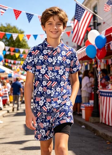 Image of UNICOMIDEA Boys 4th of July Outfits Kids Patriotic Independence Day Tropical Short Sets for 5-12 Years