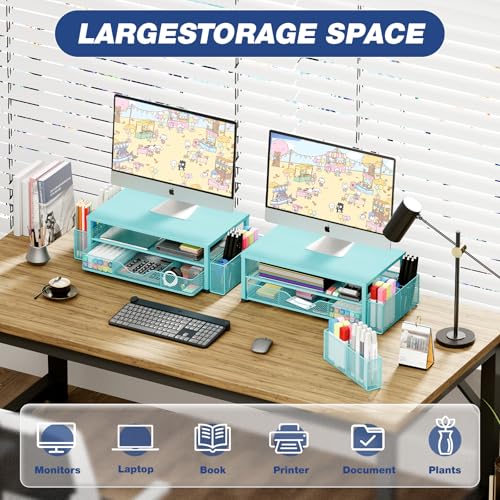 Image of OPNICE Desk Organizer and Accessories, 2-Tier Computer Monitor Stand Riser with Drawer and 2 Pen Holders, Laptop Stand, Office Desk Accessories for Office Supplies, 1 Pack, Teal Blue