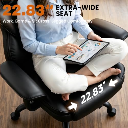 Image of Office Desk Chair, Big and Tall Gaming Chair with Foot Rest, Ergonomic High Back Computer Chair with Soft Adjustable Armrests, Lumbar Support Pillow, Executive Leather Chair (PU, Black)