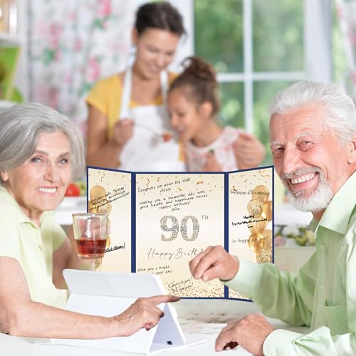 Image of DARUNAXY Blue Gold 90th Birthday Party Decorations, Blue Happy 90th Birthday Alternative Signature Guest Book for Men Women Cheers to 90 Years Old Gifts 90 Birthday Signing Card Board Party Supplies