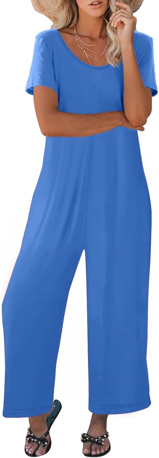 Womens Summer Casual Jumpsuit Short Sleeve Crewneck Long Pants Rompers Overalls with Pockets - Image 3