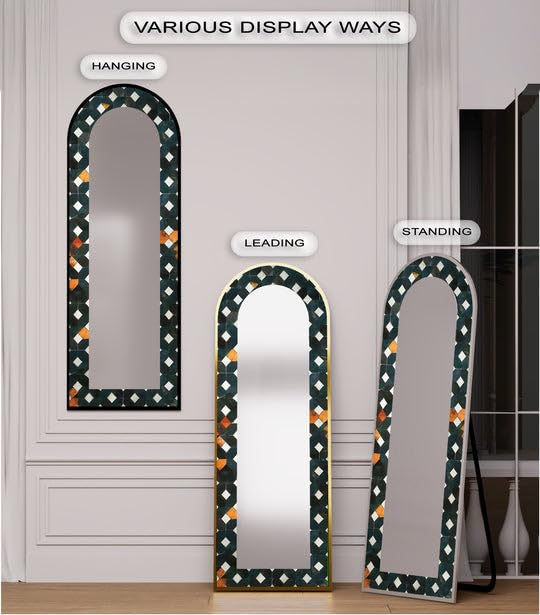 Specchio da pavimento con motivo geometrico scuro da 63,5 x 160 cm (larghezza x altezza), lunghezza completa, specchio da pavimento con cornice nera e cornice argentata
