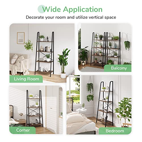 Novilla Bookshelf, 4-Tier Bookcase, Freestanding Storage Ladder Shelves For Home/Office/Living Room/Balcony/Bedroom, Walnut #TOP6