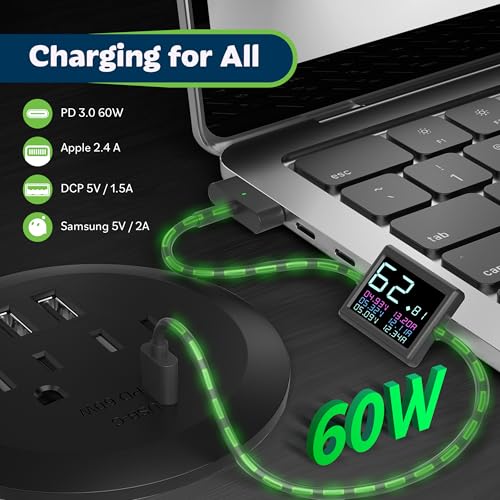 TOPGREENER TTRP48APD60-BK Desktop Power Grommet con Carga Rápida USB C 65W PD, Tecnología GaN, 2 Puertos USB-A y Tomas Dúplex, Negro miniatura 6