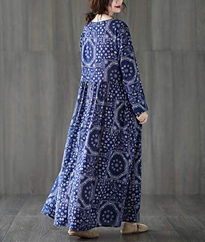 YESNO Women Long Maxi Swing Dress Casual Plus Size White Blue Printed Long Sleeve/Pocket M90