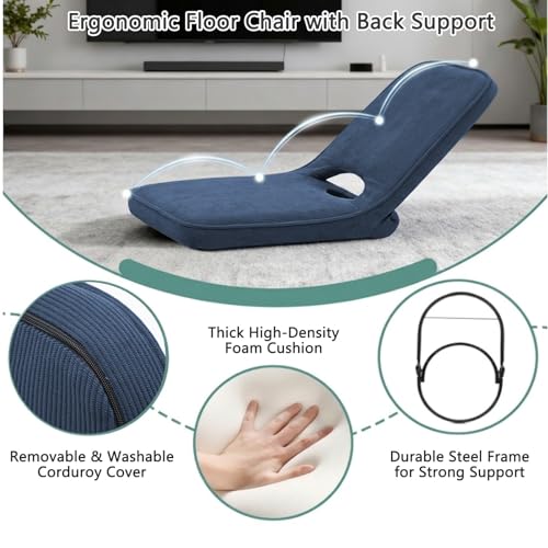 Image of Floor Chair with Adjustable Back Support, Foldable Padded Gaming Floor Seat for Adults & Kids, Multi-Position Meditation Chair with Corduroy Cover for Reading, Gaming & Watching TV (Blue)