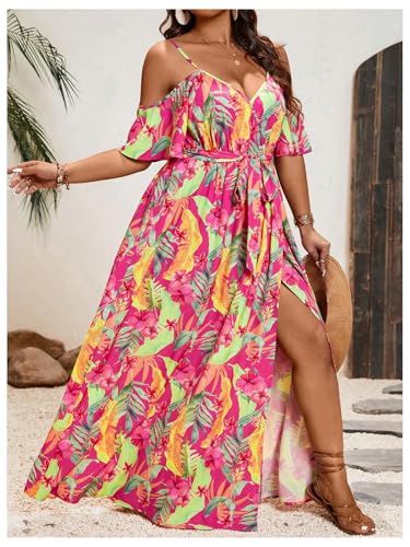 Image of Floerns Women's Plus Size Cold Shoulder Short Sleeve Split Thigh Long Dress