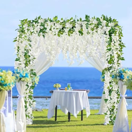 Image of Shimmers Wedding Decoration Kit Set of 14 - White Net Curtains 8x4 Ft, Artificial Wisteria Flowers & Money Plant Strips with Ribbon & Hooks for Mehndi, Ganpati Decoration Backdrop Decor
