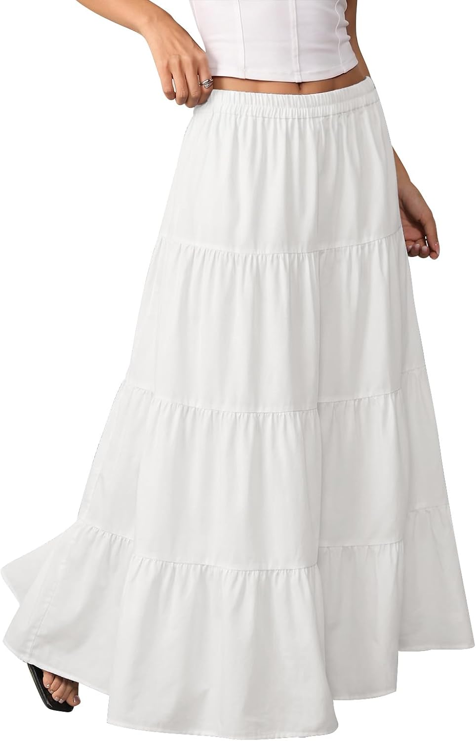 TITOMD Womens Boho Flowy Maxi Skirts Elastic Waist Flared Ruffle A Line Long Skirt 2026 Summer Vacation Beach Outfits