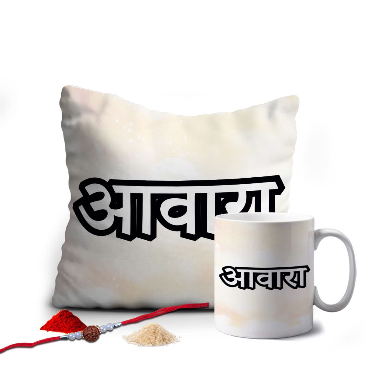Crazyify Aavara Bro Printed Mug Cushion Gift Set with Rakhi, Roli Chawal | (12 x 12 inches Cushion with 350 ML Mug) | Best Raksha Bandhan/Rakhi Gift for Brother
