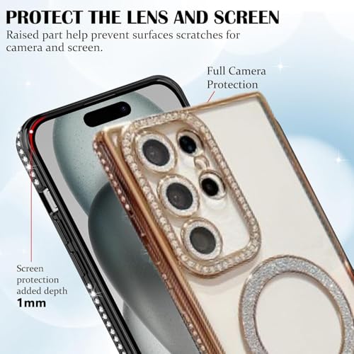 Image of for Samsung Galaxy Glitter Case,Luxury Bling Rhinestone Diamond Plated Bumper Case,MagSafe, Sparkle Camera Lens Protection Clear Back Cover (Gold, for Samsung Galaxy S24 Ultra)