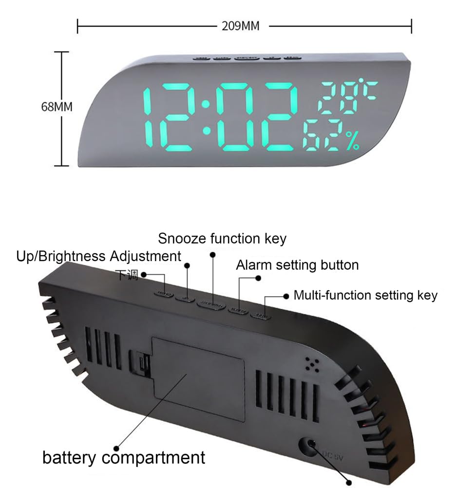 Cyfrowy budzik z wyświetlaczem LED, zegar cyfrowy z podświetleniem, temperaturą, 2 regulacjami jasności, przenośny alarm lustrzany z alarmem,C