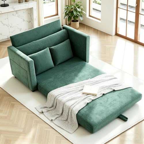 Image of 52 inch Loveseat Sleeper Sofa Bed,2 in 1 Convertible Floor Sofa Bed for Small Spaces,Pull Out Couch with Deep Seat,2 Pillows and Solid Frame Floor Couch for Living Room,Apartment (Green)