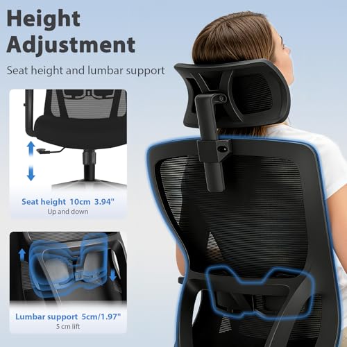 Durrafy Sedia Ufficio Ergonomica, Sedia da Ufficio con Poggiatesta Regolabile, Bracciolo, Supporto Lombare, Regolazione in Altezza, Scrivania e Sedie Girevoli supporto Oscillazione a 90°-120°, Nero