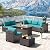 Kullavik 8 Pieces Outdoor Patio Furniture Set Sectional Rattan Sofa Brown Manual Wicker Patio Conversation Set with 43" Gas Propane Fire Pit Table,Blue