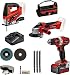 Produktbild Einhell Akku-Bohrschrauber TE-CD 18/40 Li + Akku-Winkelschleifer TC-AG 18/115 Li + Akku-Stichsäge TC-JS 18 Li Power X-Change (18 V, inkl. 1x 4,0 Ah Akku, Ladegerät, Zubehör, Tasche)