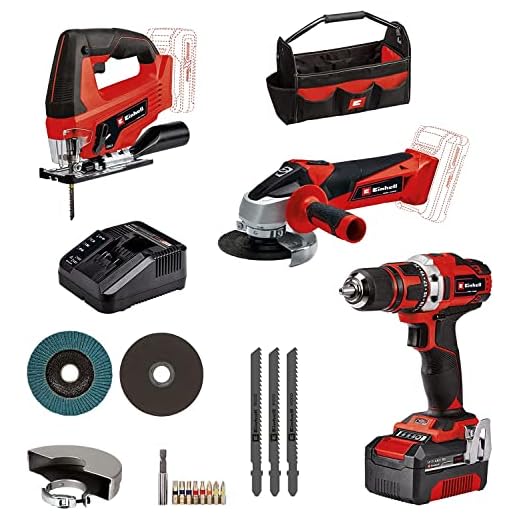 Einhell Taladro con batería TE-CD 18/40 Li + amoladora angular con batería TC-AG 18/115 Li + sierra de calar con batería TC-JS 18 Li Power X-Change (18V, incl. 1 batería de 4,0Ah, cargador, bolsa)