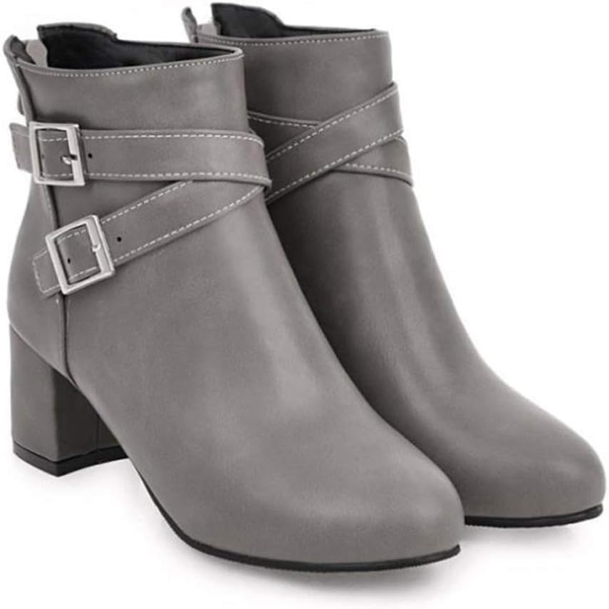 MIOKE Women's Round Toe Dressy Ankle Boots Trendy Buckle Zipper Chunky Mid Heel Chelsea Dressy Short Booties