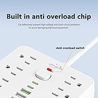 Vista 4 de Regleta protectora de sobretensiones de enchufe plano de 6 pies, 11 salidas de CA múltiples con 6 puertos USB (2 USB C), cable de extensión de 6