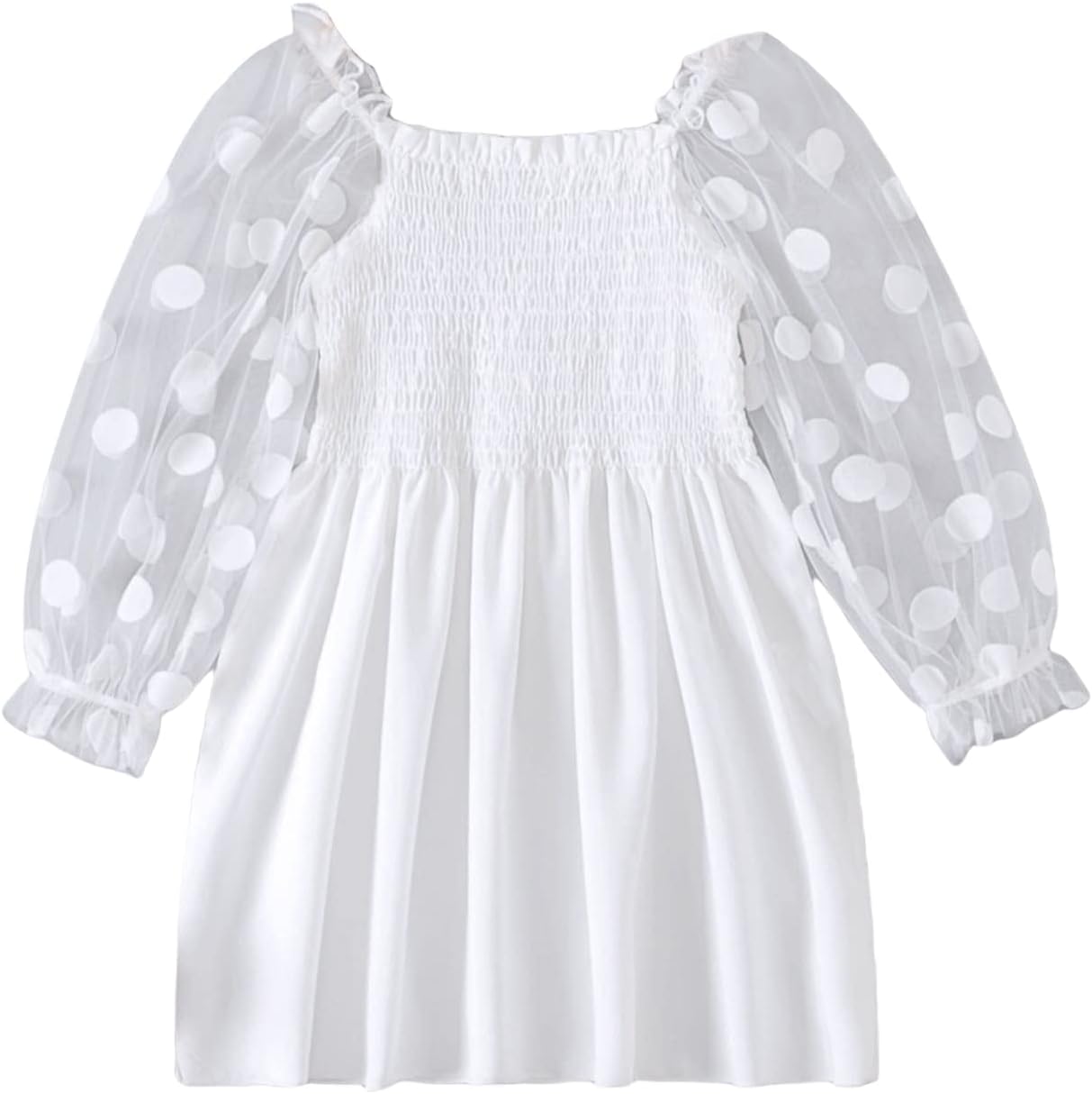 WDIRARA Toddler Girl's Polka Dots Mesh Flounce Long Sleeve Flared Shirred Dress