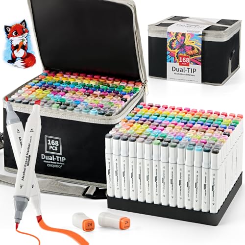 OHQOHQ Alcohol Markers Set 168 Colors with Case & Pen Holder Dual Tip Alcohol Based Art Markers Chisel & Fine Tip Coloring Markers for Adult Coloring Books Drawing Illustration Art Supplies