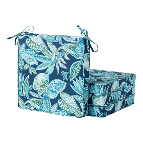 Outdoor 18 inch Square Patio Dining Chair Pads – Comfortable Fiber-Filled Seat Cushions with Ties, Reversible Polyester Fabric - Botanical Crestwood, Set of 4