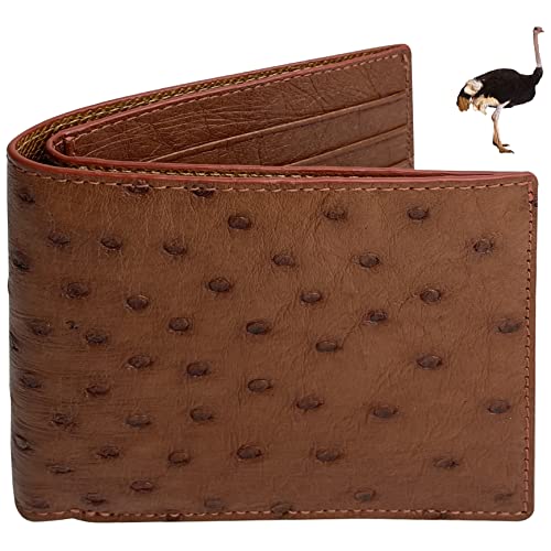 Light Brown Ostrich Leather Slim Bifold Wallet Double Side Exotic Wallet Multiple Pocket Holder Passcase RFID Blocking Security Handmade Gift For Men VINAMOS-06