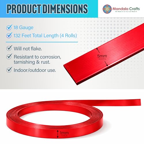 Image of Mandala Crafts 5mm Red Green Blue Silver Tone Flat Aluminum Crafting Wire | 132 FT, Anodized, Colored, Tarnish Resistant, Bendable, Flexible, for Jewelry Making, Bezel, Bonsai, Armature, Outdoor