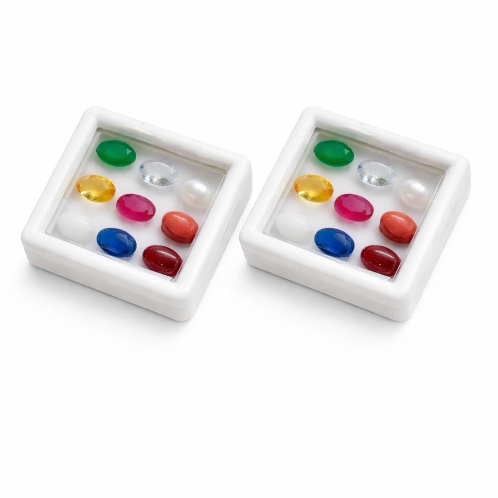 Navarathna Set Box for Bhoomi Pooja & Good Vastu | 7×5 mm | Pack of 2 Boxes (18 Stones) | Navratna 9 Stone Set as per Varna Shastra | Multi-Color Gemstones | भूमि पूजन-image-0