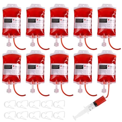 31 Stück Halloween Trinkgefäß Blutbeutel, Blutbeutel für Getränke, Wiederverwendbare Blutbeutel mit Spritze, Blutgruppenetiketten und Clips für Partygetränke, für Halloween Zombie Vampire Cosplay